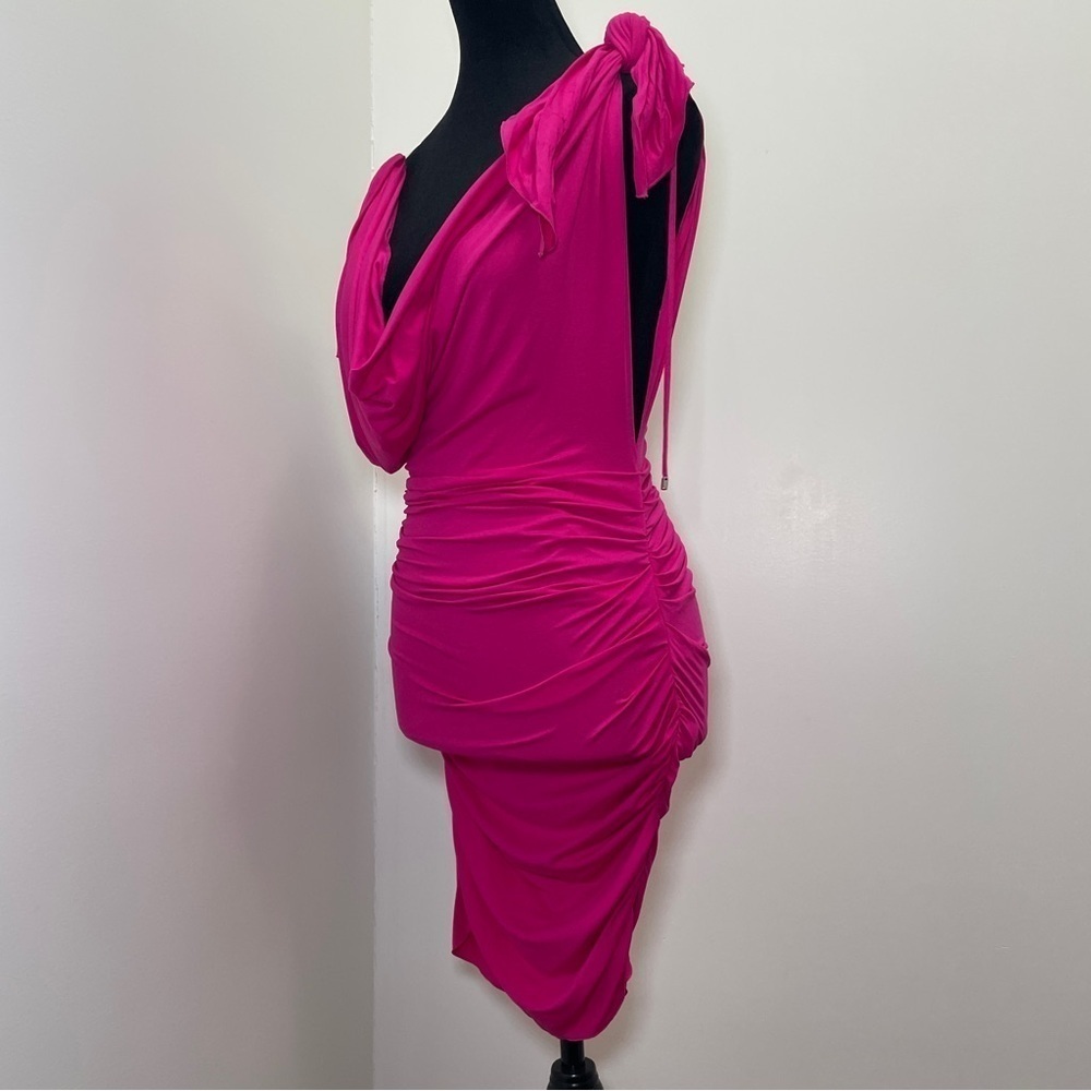 NEW! THE ATTICO- Plunge Neck Mini Dress Fushica Size Small Hot Pink - Picture 6 of 13